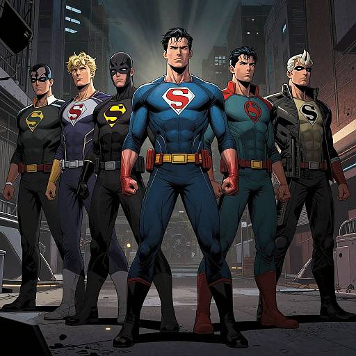 Digital comic-style illustration of six muscular superheroes in iconic costumes, standing confidently in a dark, urban alleyway at night.