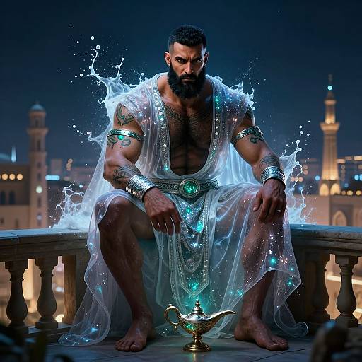 Photorealistic digital art of a muscular, bearded man with a glowing blue aura, wearing a semi-transparent, jeweled robe, sitting on a