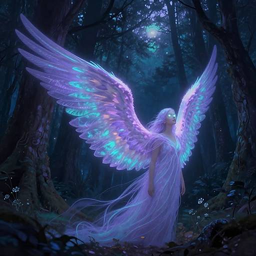 Digital artwork of a glowing, ethereal angel with iridescent blue and purple wings, standing in a dark, enchanted forest.
