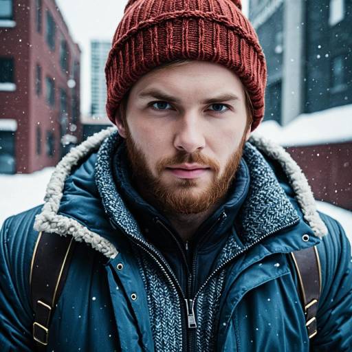 Man in Winter Outfit with Red Beanie in Snowy Urban Setting