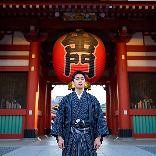 Photograph of an Asian man in a black, patterned kimono standing in front of a traditional red Japanese temple with a large red lantern featuring bold