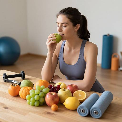 Photograph of a fit, dark-haired woman in a blue tank top, eating a green apple at a wooden table with fruits, dumbbells,