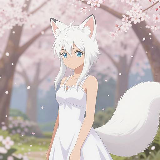 Anime-style digital drawing of a white-haired, blue-eyed, fox-eared girl in a white dress, standing in a cherry blossom forest.