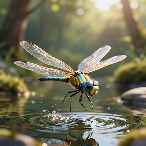 Shiny Metallic Dragonfly Above Pond