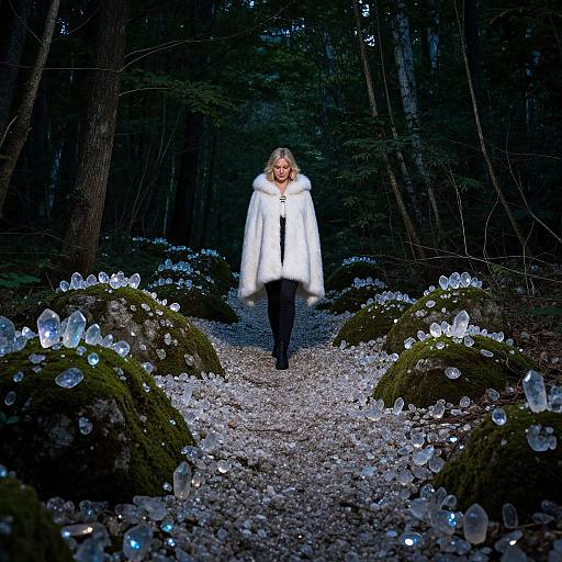 Photograph of a blonde woman in a white fur-trimmed coat walking through a dark forest path adorned with glowing, crystal-like orbs on moss-covered