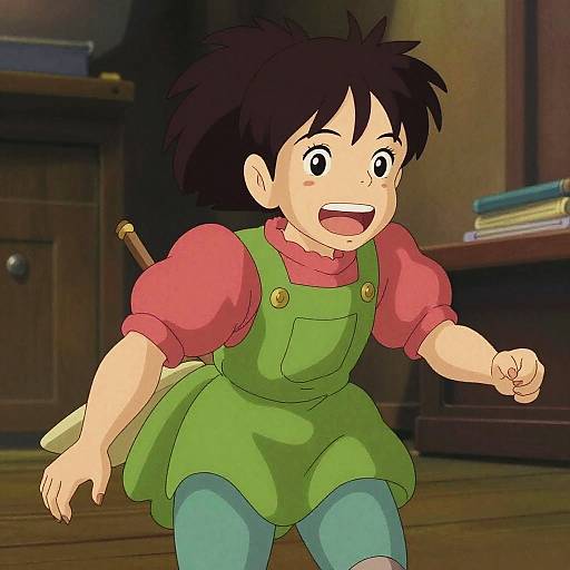 Anime-style drawing of a young girl with short black hair, wearing a green pinafore over a pink shirt and blue pants, running excitedly in