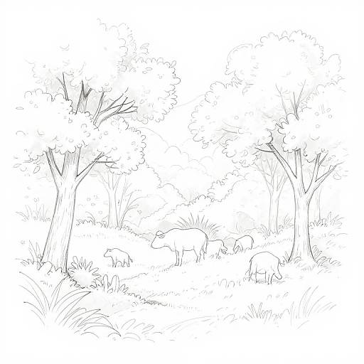 Black-and-white line drawing of a forest scene with two trees, grass, and three sheep grazing in the background.