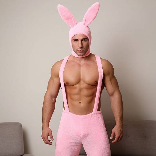 Muscular Man in Pink Easter Bunny Costume