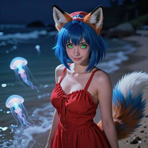 Digital anime-style photograph of a blue-haired fox girl with green eyes, wearing a red dress and hat, standing on a beach at night with glowing jelly