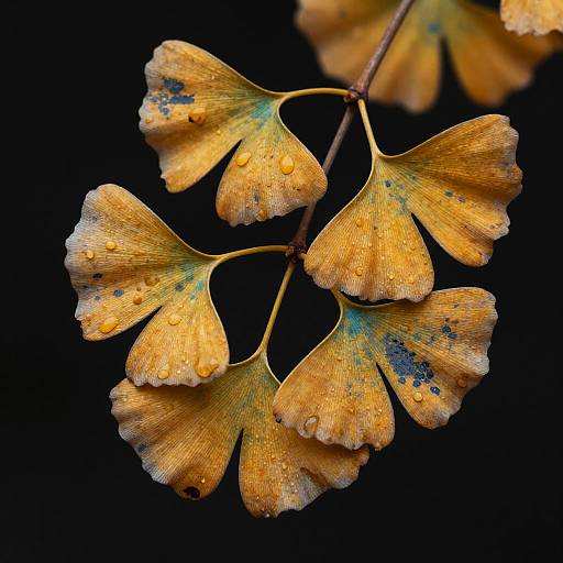 Golden Ginkgo Leaf Cluster with Raindrops