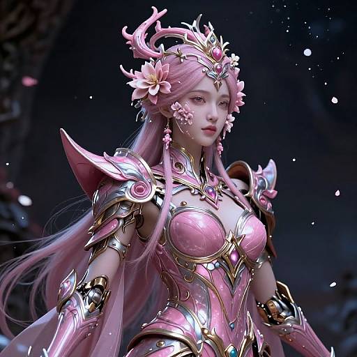 CGI fantasy portrait of an ethereal, pink-haired warrior woman in elaborate, pink and gold armor adorned with flowers and horns, set against a dark