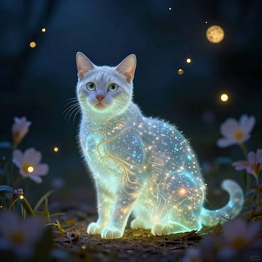 Photograph of a glowing white cat with green eyes, surrounded by twinkling fairy lights and blurred flowers in a dark, magical forest.