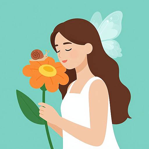Digital illustration of a smiling woman with long brown hair, white dress, and blue butterfly hairclip, holding an orange flower with a small snail.