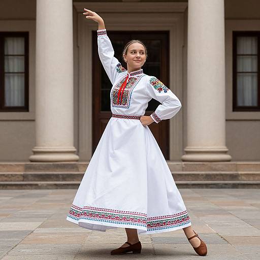 Photograph of a young woman in traditional white embroidered folk dress, brown shoes, dancing outdoors in front of a classical building with columns.