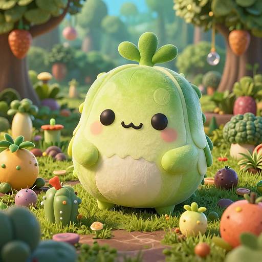 Whimsical CGI image of a cute, round, green vegetable creature with black eyes and a smiling face, surrounded by colorful, fantasy vegetables in a