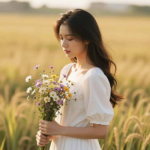 Woman in Golden Field with Bouquet