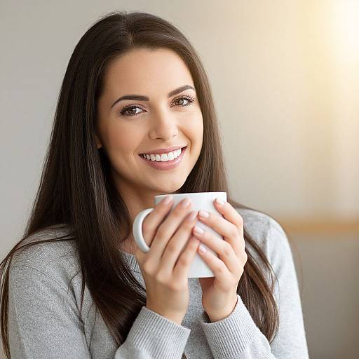 Photograph of a smiling woman with long dark brown hair, wearing a gray sweater, holding a white mug close to her face.