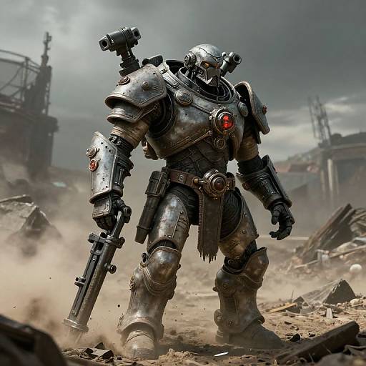 Photorealistic CGI of a heavily-armed, metallic robot warrior standing in a ruined, dusty, war-torn cityscape with a cloudy sky.