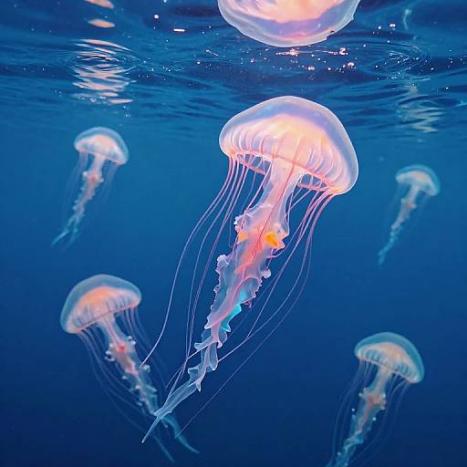 Photograph of glowing, translucent jellyfish with orange accents, floating gracefully in a deep blue underwater scene, surrounded by gentle light reflections.