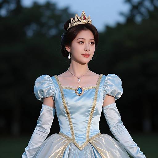Photograph of an Asian woman in a royal blue satin princess dress with gold trim, puffed sleeves, and a golden crown, standing outdoors against a