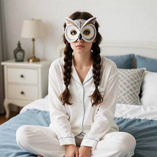 Curious Woman in Owl Mask on Bed