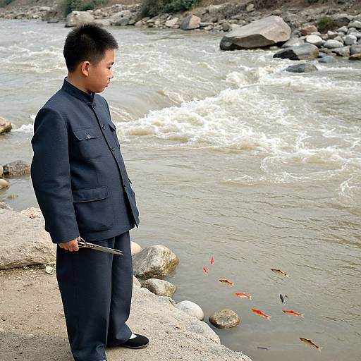 Photograph of an East Asian boy in black traditional school uniform, standing by a rocky river, holding a fishing rod, with koi fish swimming in