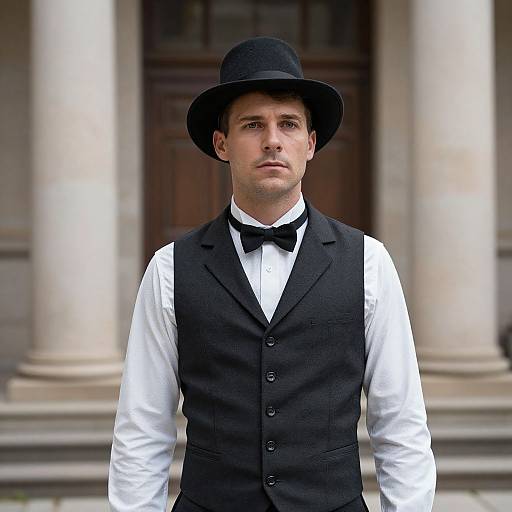 Photograph of a serious-looking Caucasian man in a black vest, white shirt, black bow tie, and black bowler hat, standing in front of