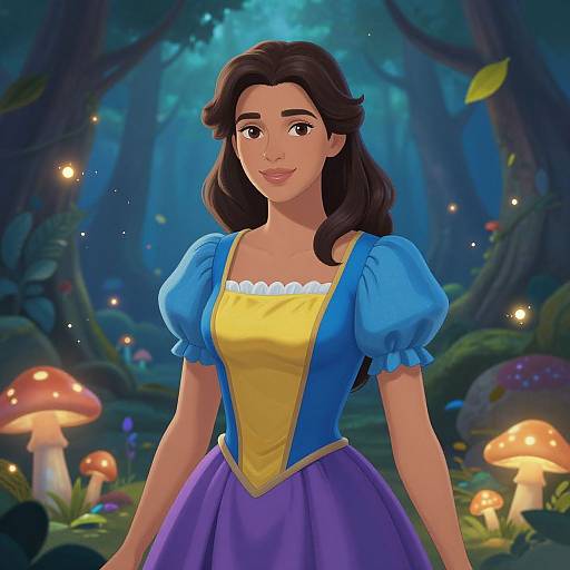 Digital illustration of a smiling, brown-haired woman in a blue and yellow dress, standing in a magical, glowing forest with glowing mushrooms.