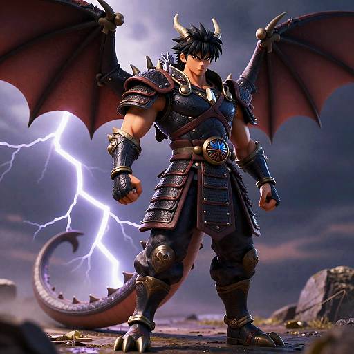 Digitally rendered image of a muscular, black-haired dragon warrior with horns, wings, and armor, standing powerfully amid a lightning-filled stormy sky