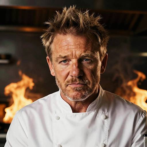 Photograph of a middle-aged man with spiky hair and a beard, wearing a white chef's coat, standing in front of a dark kitchen with