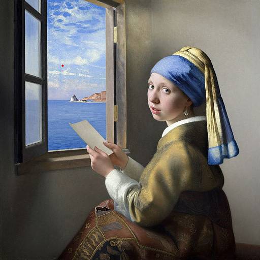 Photograph of a Baroque-style painting depicting a woman in a blue headscarf reading a letter by a window, overlooking a blue sea with distant