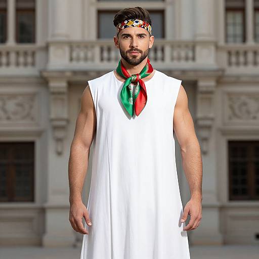 Photograph of a muscular, bearded man wearing a white sleeveless dress, floral headband, and green-red scarf, standing in front of a