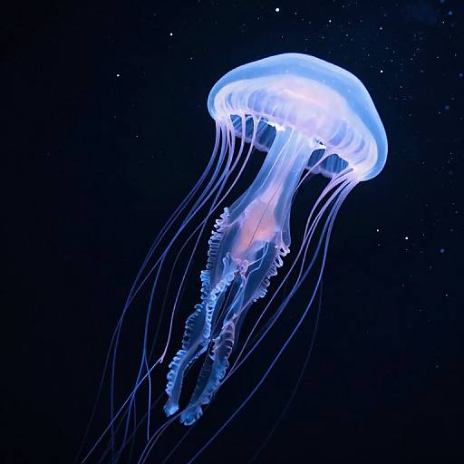 Photograph of a glowing blue jellyfish with long, flowing tentacles against a dark, star-speckled ocean background.