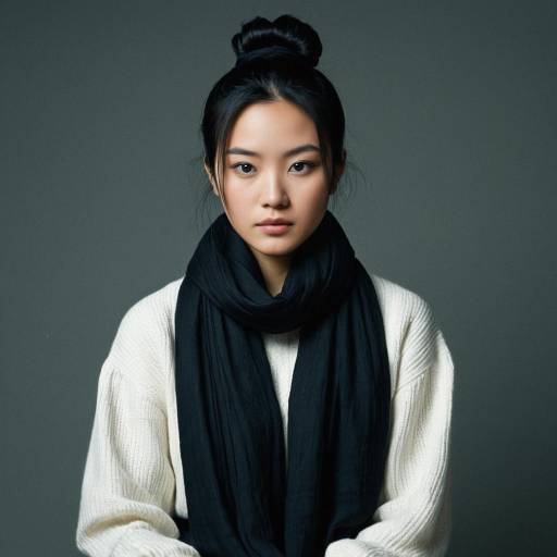 Asian woman with black hair bun and scarf
