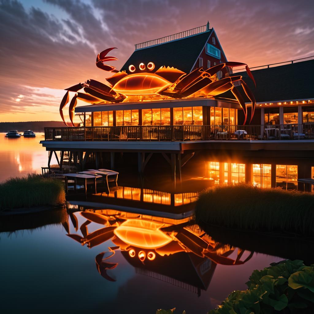 Giant Crab Assaults Sunset Restaurant Scene