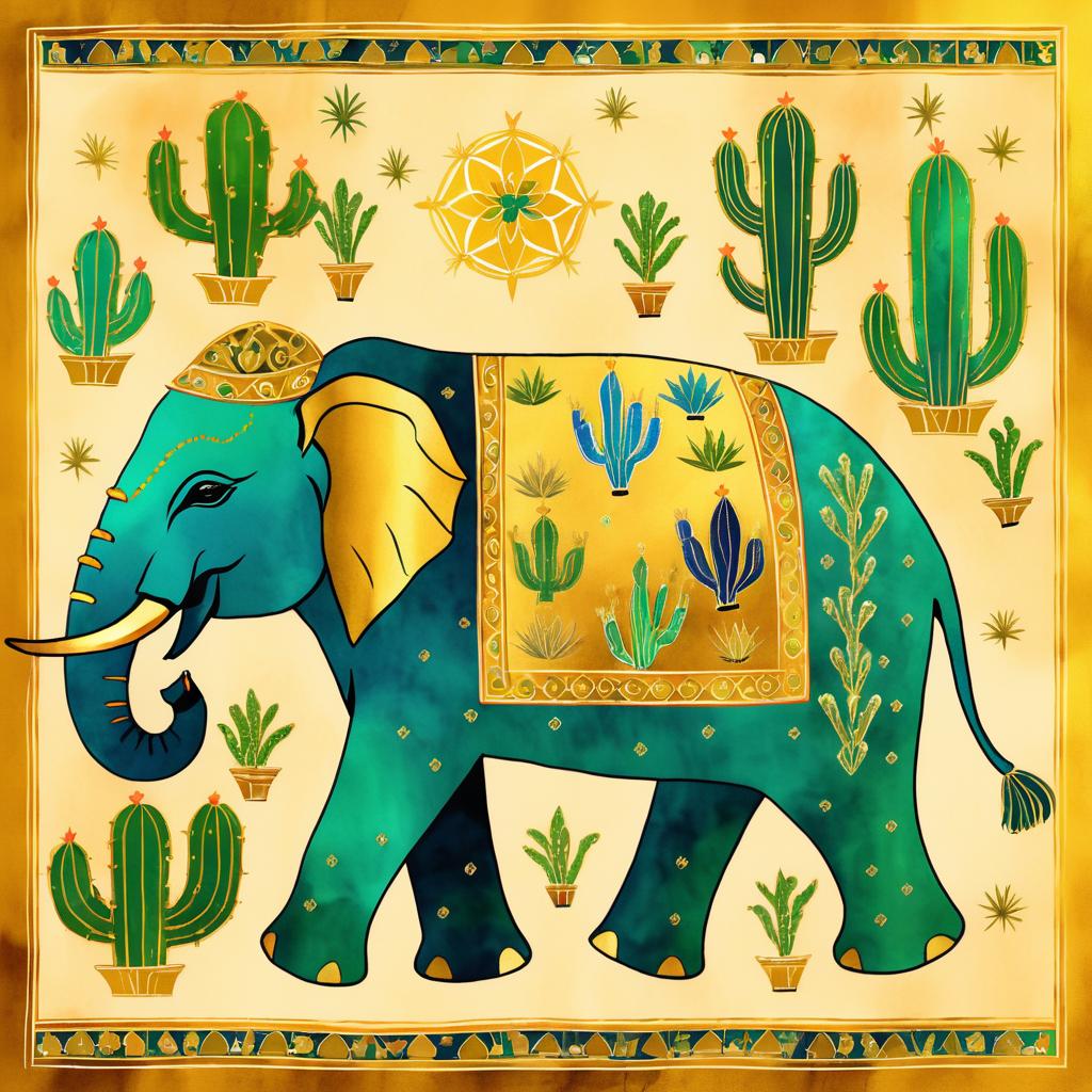 Whimsical Elephant-Cactus Fusion Artwork