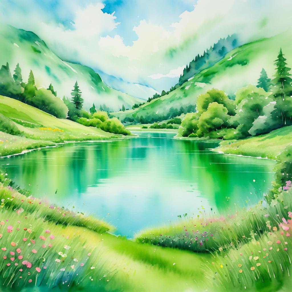 Lush Valleys and Tranquil Lake in Watercolor