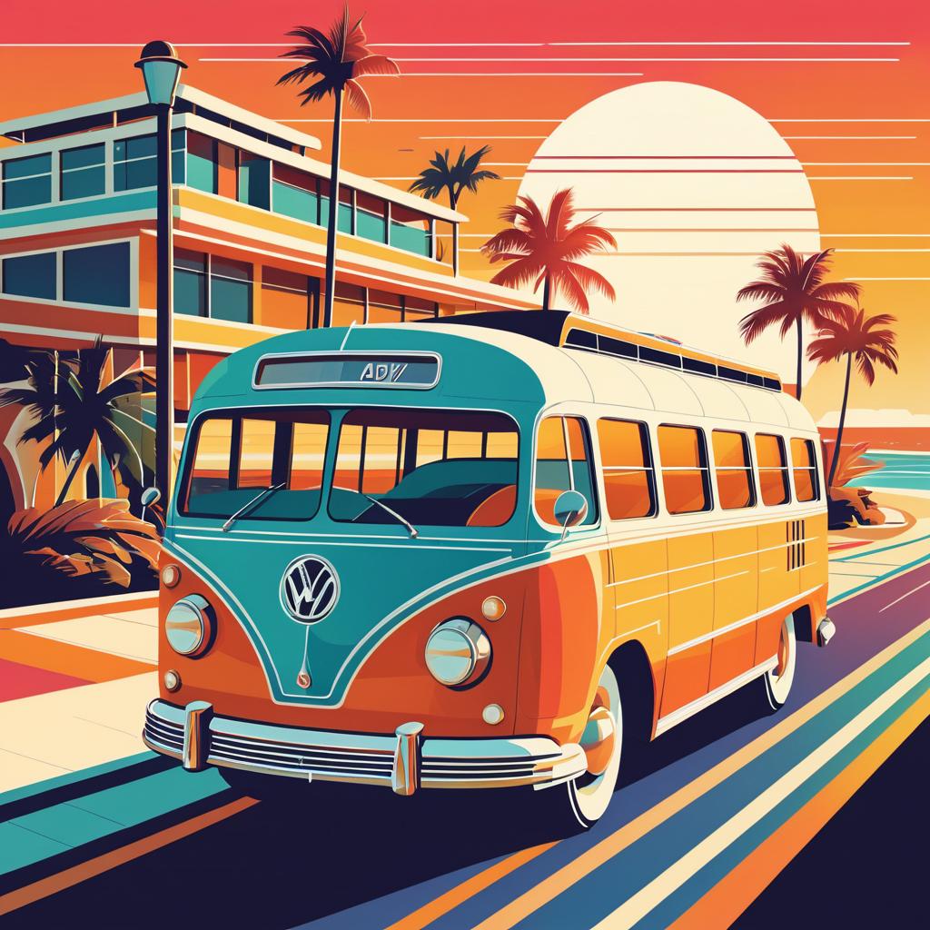 Vintage Bus on Coastal Road Illustration