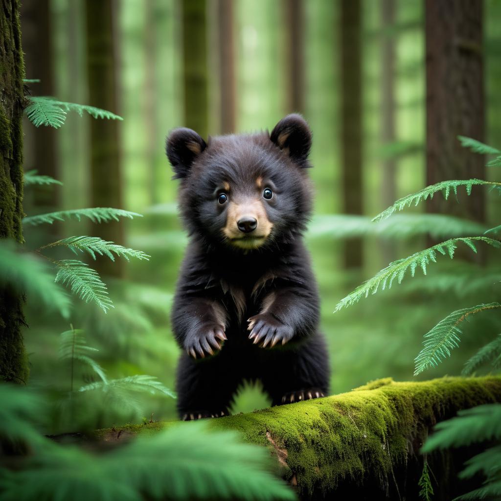 Playful Baby Bear Cub in Lush Forest