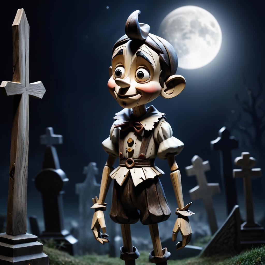 Haunting Pinocchio in Moonlit Graveyard