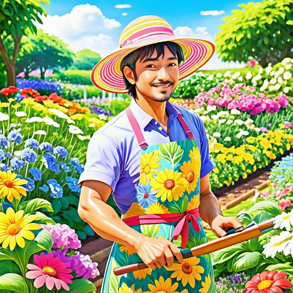 Cheerful Gardener in a Blooming Garden