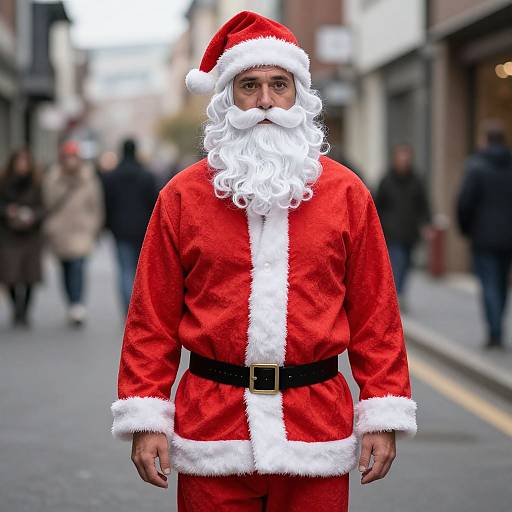 Photograph of a middle-aged man with a white beard and mustache, wearing a red Santa suit with white trim and black belt, standing on a