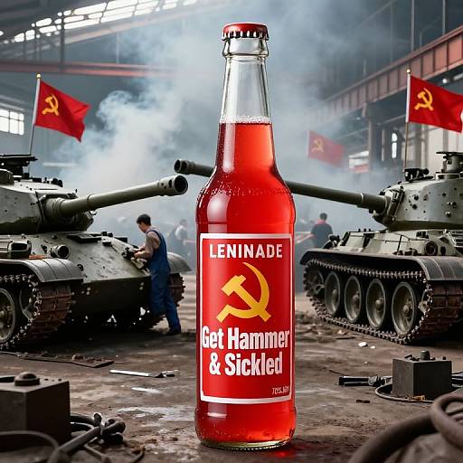 Photograph of a red Leniade soda bottle with hammer and sickle label, flanked by Soviet tanks and flags, in a smoky,