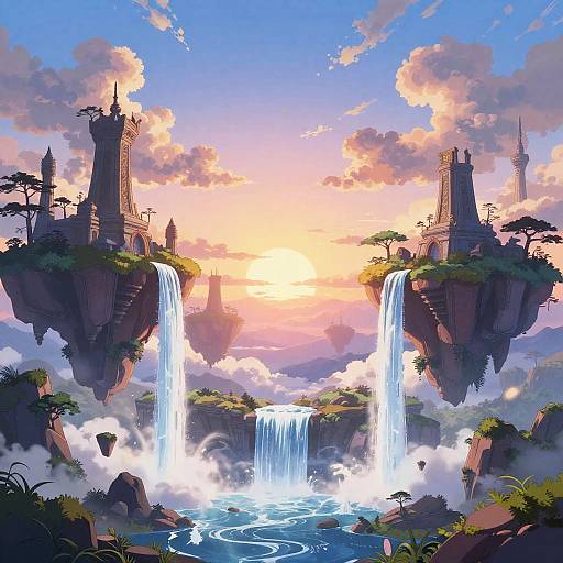 Fantasy digital art of twin waterfalls cascading between floating castle-topped cliffs at sunset, with vibrant clouds and lush greenery.