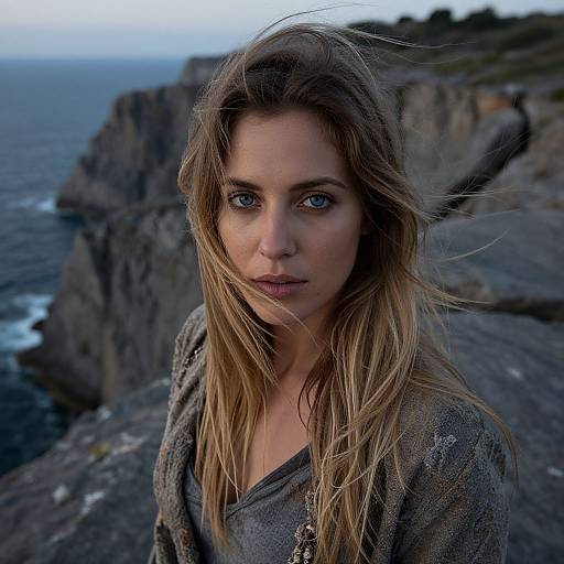 Photograph of a blonde woman with blue eyes, wind-swept hair, and gray button-up shirt, standing on a rocky coastal cliff.