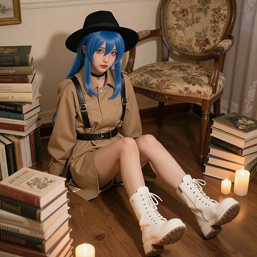 Photograph of a blue-haired woman in a black hat, beige military-style dress, white boots, sitting on wooden floor with candles and stacked books,