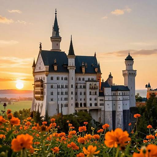 Photograph of a fairytale-style white castle with black roofs, surrounded by vibrant orange flowers at sunset, with a golden sky.