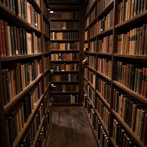Photograph of a dimly lit, narrow library aisle with wooden shelves filled with neatly arranged, colorful books, illuminated by small, evenly spaced lights.