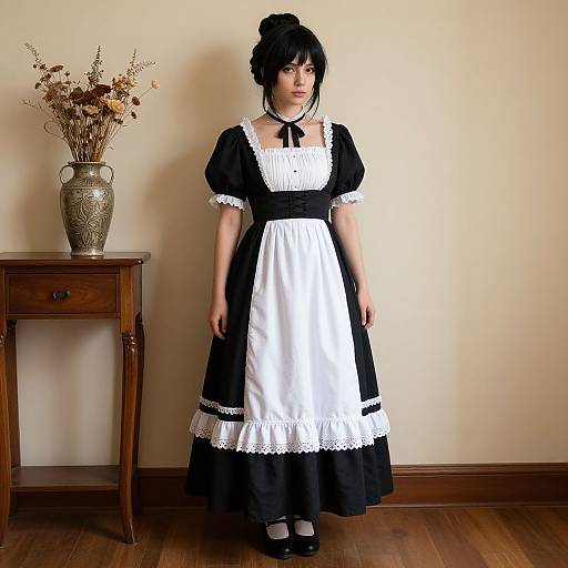 Photograph of a young woman with pale skin and black hair in a bun, wearing a classic black and white French maid dress, standing in a room