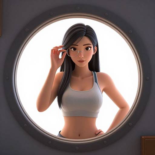 Digital art of an Asian woman with long black hair, wearing a white sports bra, adjusting glasses through a circular window.